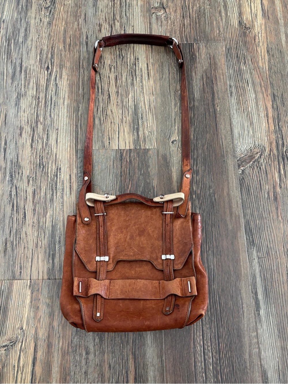 Kooba Jane Crossbody Messenger Satchel Purse Brown Leather Silver Tone Hardware